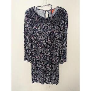 Joe Fresh Paisley Print Smocked Neckline Shift Dress Long Sleeve Keyhole Boho